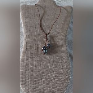 Handmade Brown Leather And Peacock & Gold Pearl Dangle Necklace